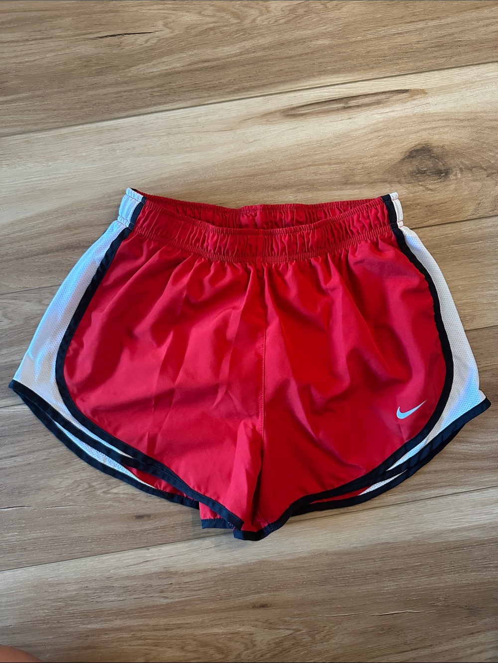 Nike Red Women's Athletic Shorts with White Panels and Black Trim